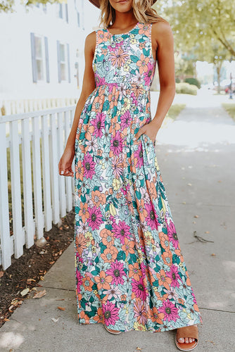 Pre-Order Multicolor Floral Printed Round Neck Sleeveless Maxi Dress