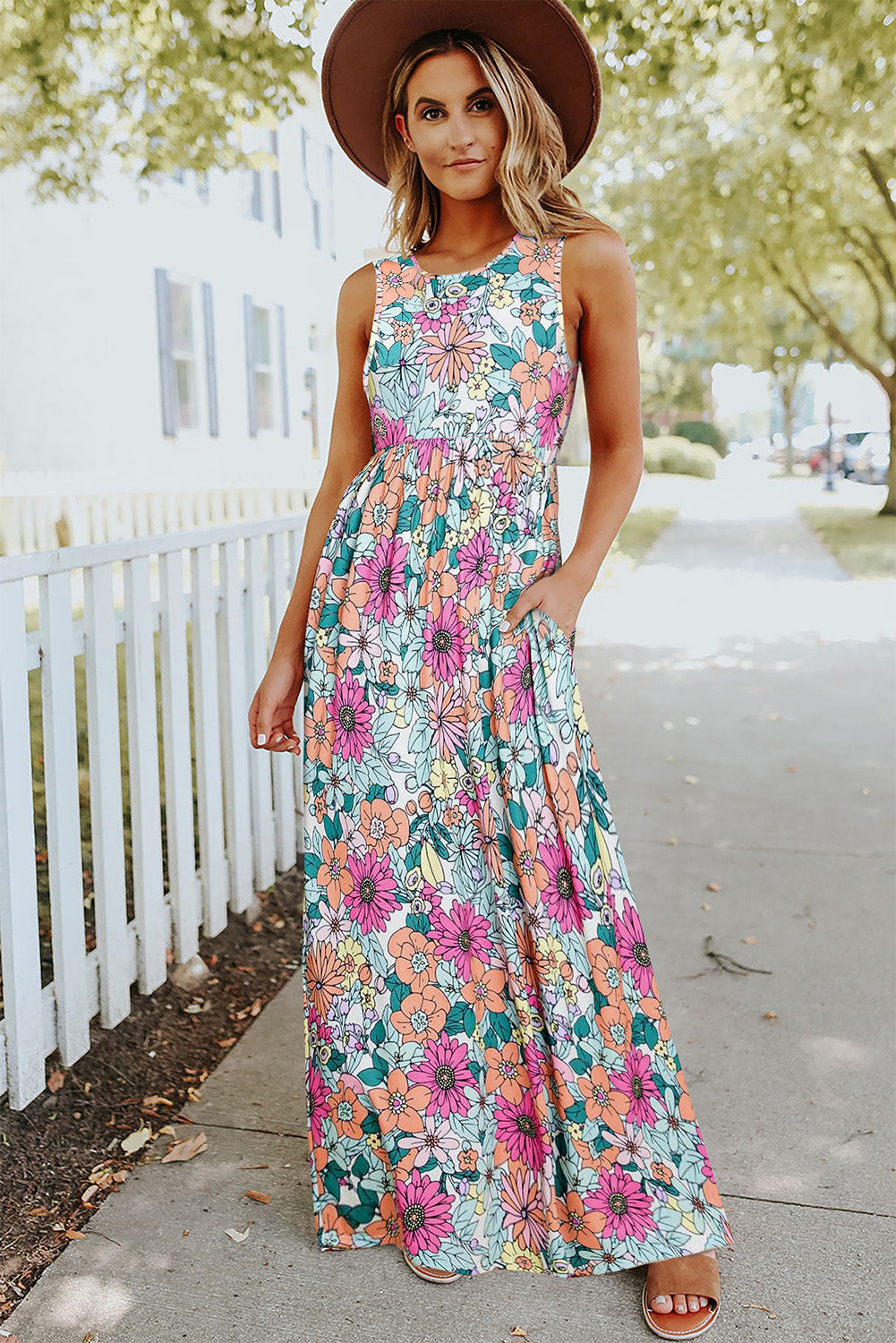 Pre-Order Multicolor Floral Printed Round Neck Sleeveless Maxi Dress – Worn & Refined Pre-Order Multicolor Floral Printed Round Neck Sleeveless Maxi Dress – Worn & Refined