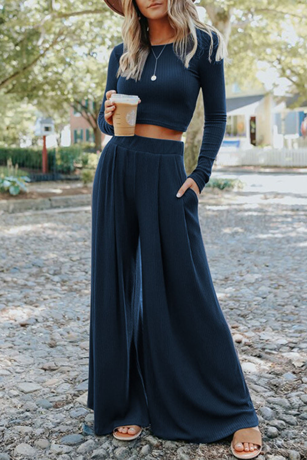 Pre-Order Dark Blue Rib Knit Cropped Top & Pocket Wide Leg Pants Set