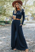 Load image into Gallery viewer, Pre-Order Dark Blue Rib Knit Cropped Top &amp; Pocket Wide Leg Pants Set