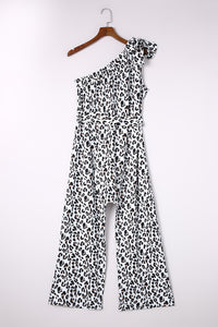 Leopard Print Asymmetric One Shoulder Pocket Loose Jumpsuit