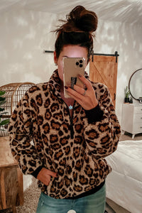 Pre-Order Brown Leopard Print Fleece Zip Collar Pullover