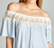 Load image into Gallery viewer, Denim Blue and White Pinstripe Lace Accent Top