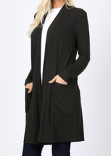 Load image into Gallery viewer, Black Front Pocket Long Sleeve Tunic Material Cardigan