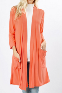 Coral 3/4 Sleeve Front Pocket Cardigan-Tunic Material