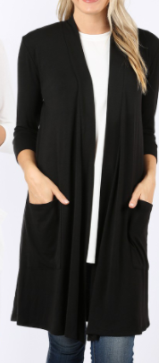Black Front Pocket 3/4 Sleeve Tunic Material Cardigan