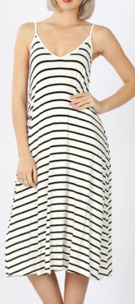 White and Black Striped Midi Dress