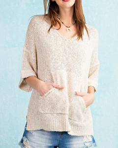 Cream Pullover Sweater with Kangaroo Pocket