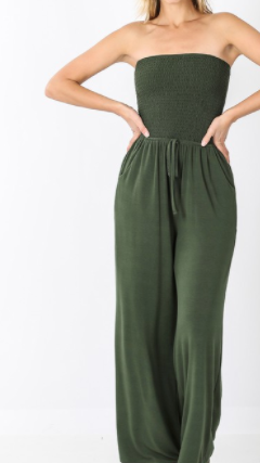 Army Green Smocked Strapless Jumpsuit