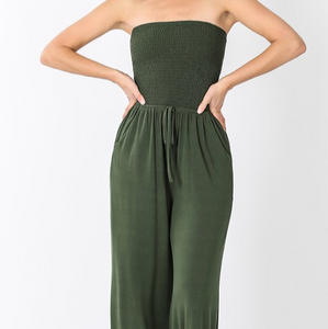 Army Green Smocked Strapless Jumpsuit