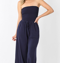 Load image into Gallery viewer, Navy Smocked Strapless Jumpsuit