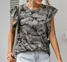 Load image into Gallery viewer, Grey Camo Ruffle Top