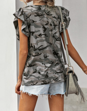 Load image into Gallery viewer, Grey Camo Ruffle Top