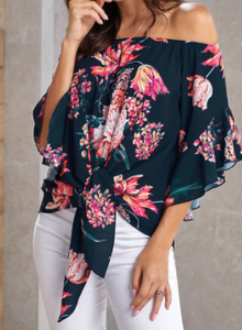 Navy Floral Front Tie Blouse