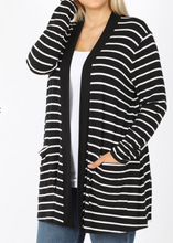 Load image into Gallery viewer, Black with White Stripe Front Pocket Cardigan