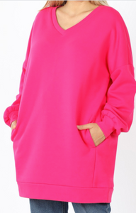 Hot pink V-Neck Sweatshirt Tunic