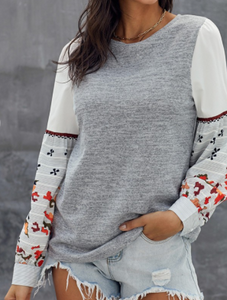Grey Knit top with Printed Sleeve