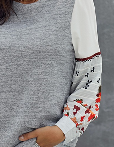 Grey Knit top with Printed Sleeve