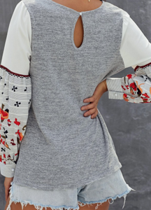 Grey Knit top with Printed Sleeve