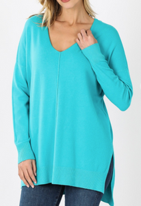 Ice Blue Oversized High Low Sweater with Side Slits