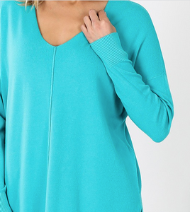 Ice Blue Oversized High Low Sweater with Side Slits