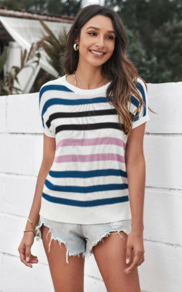 Pre-Order Short Sleeves Crew Neck Striped Knitted Top