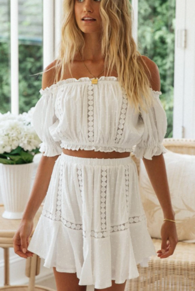 Pre-Order Lace Off Shoulder Crop Top and Ruffle Skirt Two-piece Set