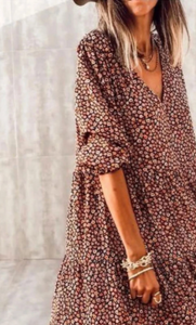 V Neck Long Sleeve Pleated Casual Floral Dress