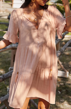 Load image into Gallery viewer, Pre-Order Pink Ruffle Short Sleeve V Neck Buttoned Tassel Swing Mini Dress