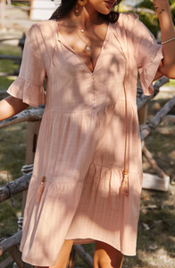 Pre-Order Pink Ruffle Short Sleeve V Neck Buttoned Tassel Swing Mini Dress