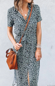 Pre-Order Leopard Print Short Sleeve Buttons Belt Midi Dress
