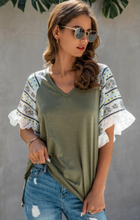 Load image into Gallery viewer, Pre-Order Floral Print Color Block Ruffled Short Sleeve Splicing Tee