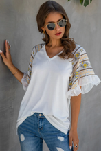 Load image into Gallery viewer, Pre-Order Floral Print Color Block Ruffled Short Sleeve Splicing Tee