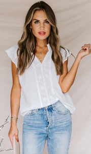 Pre-Order White Embroidered Eyelet Cap Sleeve Top