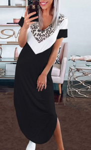 Pre-Order  V Neck Contrast Leopard Print Short Sleeves Split Maxi Dress