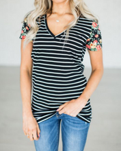Load image into Gallery viewer, Pre-Order Floral Sleeves Striped T-shirt