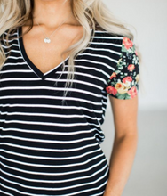 Load image into Gallery viewer, Pre-Order Floral Sleeves Striped T-shirt
