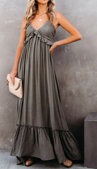 Pre-Order Gray Smocked Ruffle Maxi Dress