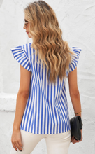 Load image into Gallery viewer, Pre-Order Sky Blue Striped Buttoned Ruffled Sleeve Blouse