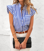 Load image into Gallery viewer, Pre-Order Sky Blue Striped Buttoned Ruffled Sleeve Blouse