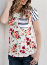 Load image into Gallery viewer, Pre-Order Floral with Stripe Pocket T-Shirt