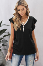 Load image into Gallery viewer, Pre-Order V Neck Buttoned Lace Trim Short Sleeve Tee