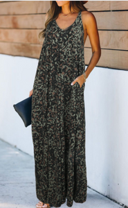 Leopard Sleeveless Cut-out Pocketed Maxi Dress