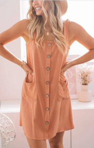 Button Front Shoulder Straps Shift Mini Dress with Pockets