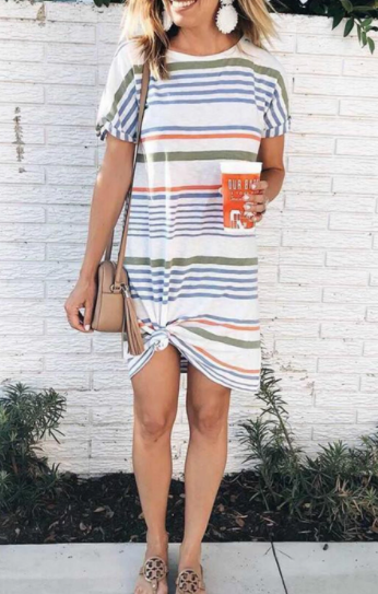 Pre-Order Striped Short-Sleeved Cotton Blend Mini Dress