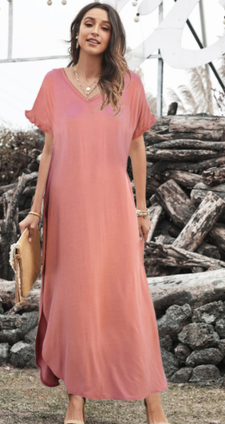 Black Loose Fit Cotton Blend V Neck Maxi Dress with Slits Worn