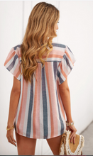 Load image into Gallery viewer, Pre-Order Multicolor Stripes Split Neck Pleated Ruffled Short Sleeves Top