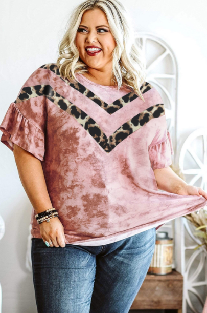 Pre-Order Plus Size Ruffled Sleeve Leopard Accent Tie-dye Top