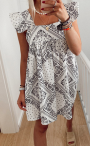 Pre-Order Square Neck Flutter Sleeve Bohemian Print Mini Dress