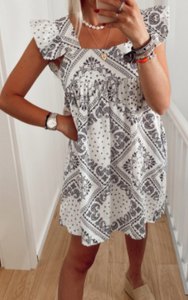 Pre-Order Square Neck Flutter Sleeve Bohemian Print Mini Dress